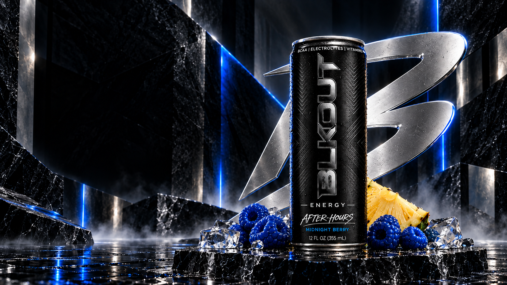 Midnight Berry BLKOUT Energy can with condensation, blue raspberries and pineapple in a black stone gallery.