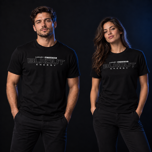 A man and a woman modeling matching black t-shirts with a white and gray 'BLKOUT ENERGY' graphic on the chest, posed against a dark studio background.